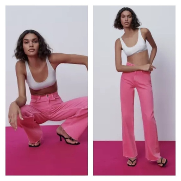 ZARA Bright Pink High Rise Wide Leg Jeans Size 2 NEW Barbie Core - Picture 3 of 13